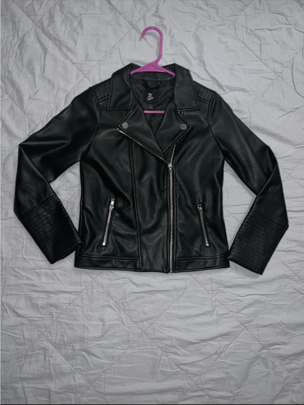 art class Black Faux Leather Moto Jacket with Quilted Sleeve Detail